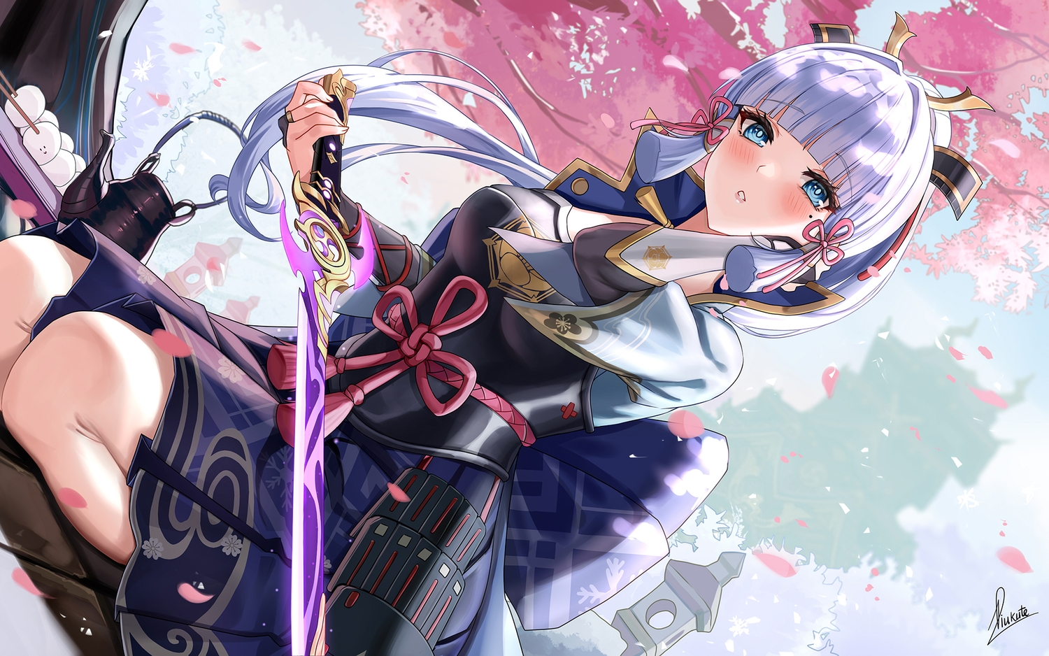 aqua_eyes, armor, blue_hair, blush, bow, drink, flowers, food