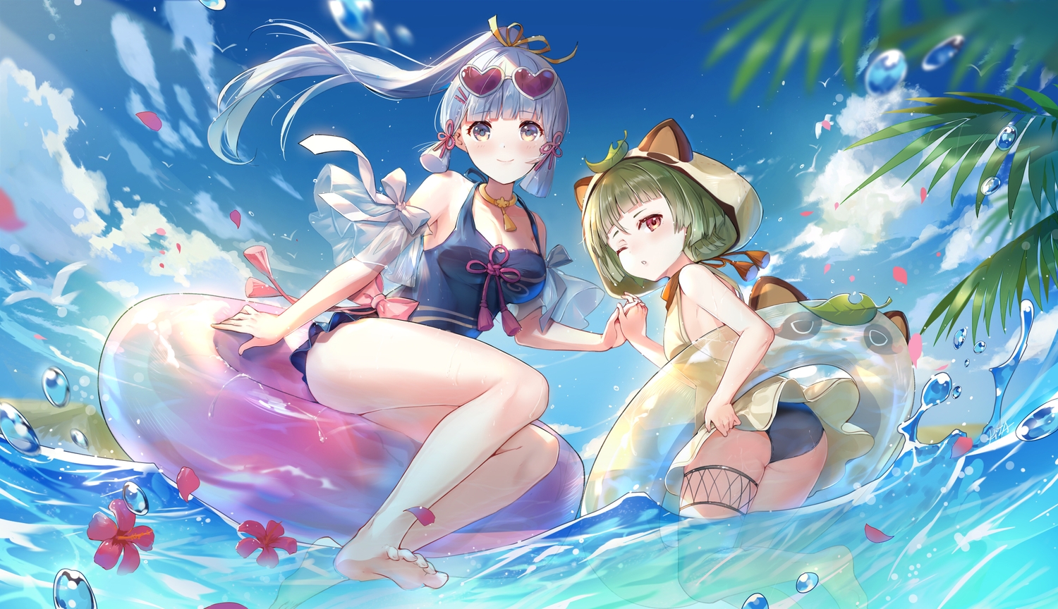 2girls, animal_ears, barefoot, brown_eyes, clouds, elise_(piclic), flowers, genshin_impact, gray_hair, green_hair, hood, kamisato_ayaka, loli, long_hair, sayu_(genshin_impact), sky, sunglasses, swim_ring, swimsuit, water, wink