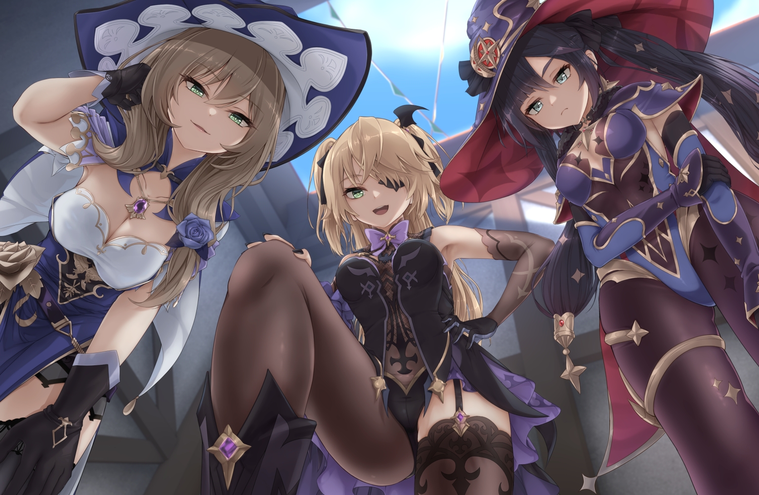brown_hair, eyepatch, fischl_(genshin_impact), genshin_impact, gloves, green_eyes, hat, lisa_minci, long_hair, mona_megistus, nm_(tshell2761), purple_hair, stockings, twintails, witch_hat