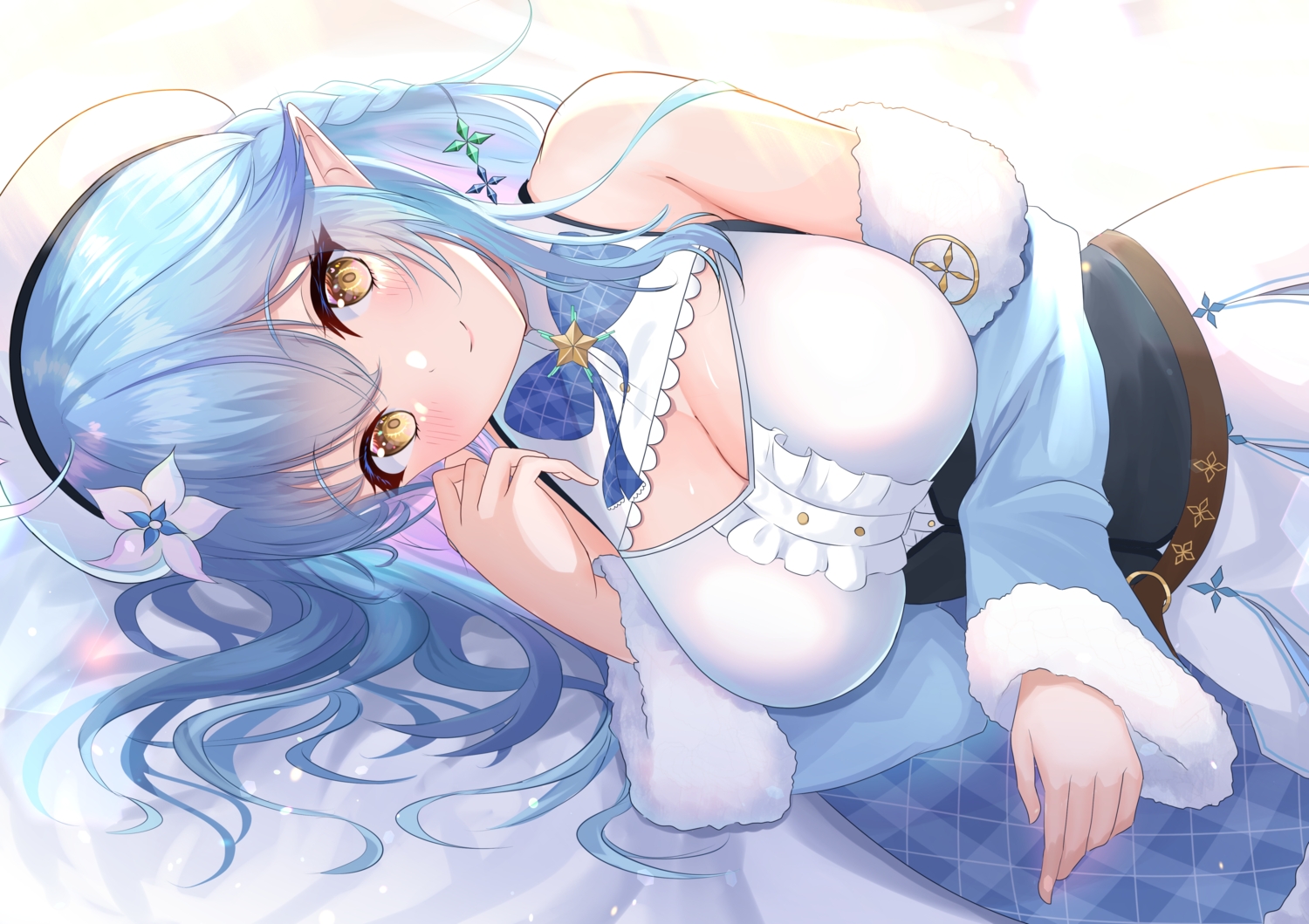 aqua_hair, braids, breasts, brown_eyes, cleavage, hololive, long_hair, onabe_no_shime, pointed_ears, yukihana_lamy