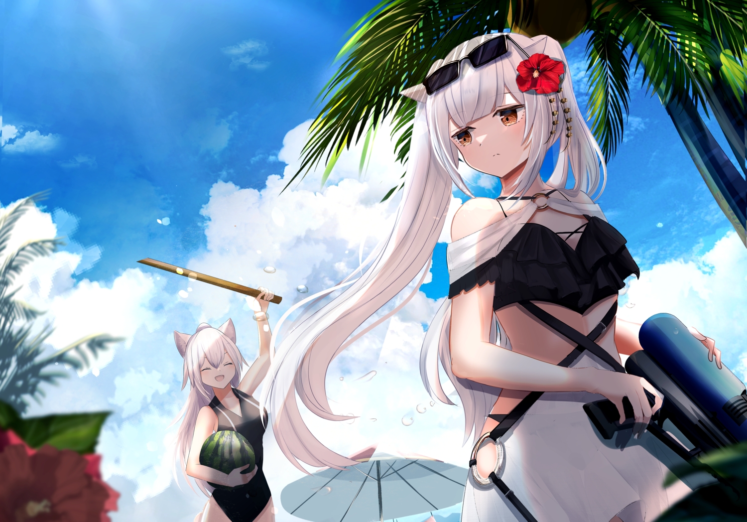 2girls, animal_ears, brown_eyes, clouds, flowers, food, fruit, long_hair, original, sky, sunglasses, swimsuit, tokiwa_sylbe, tree, twintails, umbrella, watermelon, white_hair