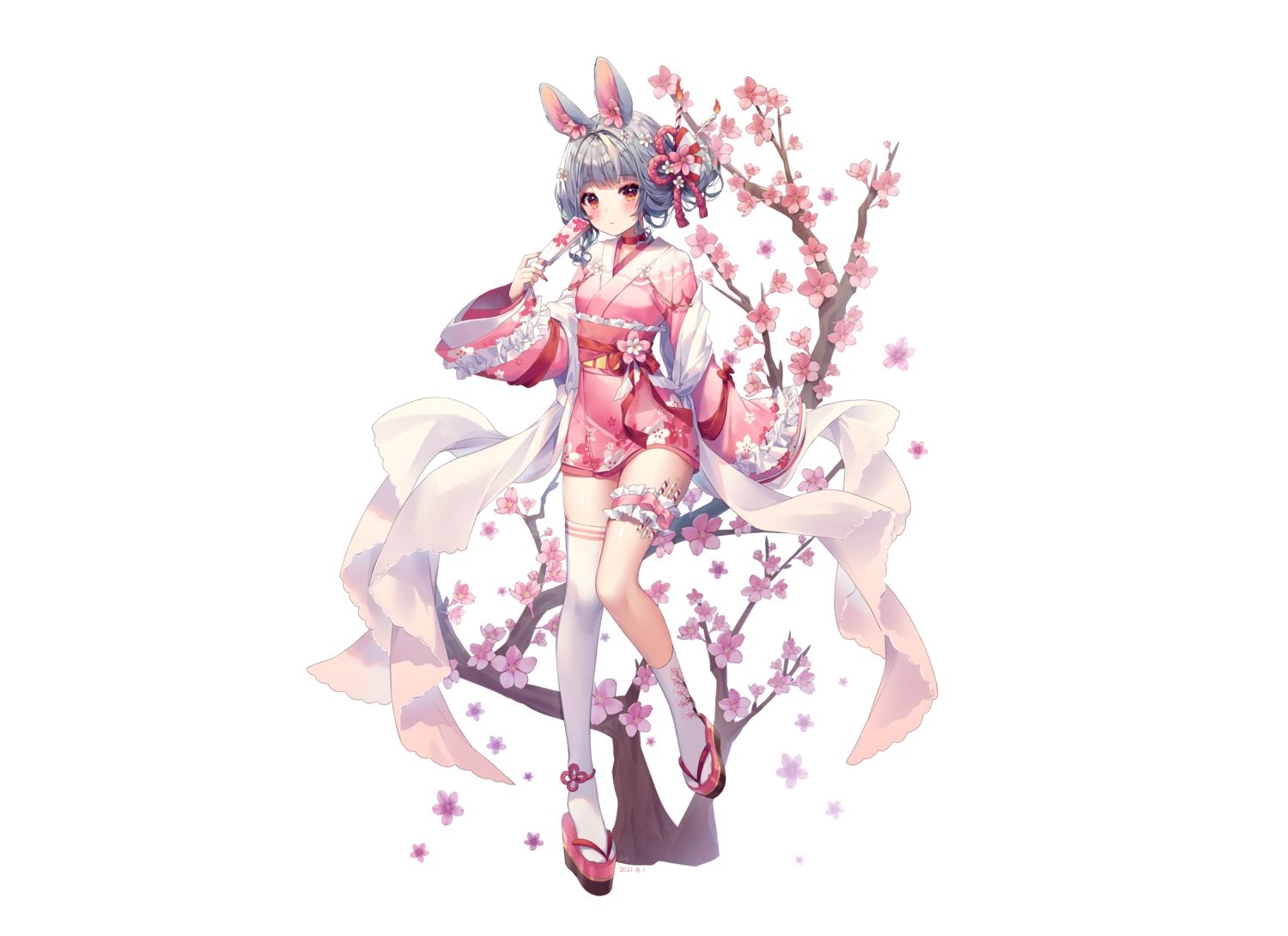 animal_ears, blush, bow, bunny_ears, bunnygirl, cherry_blossoms, choker, fan