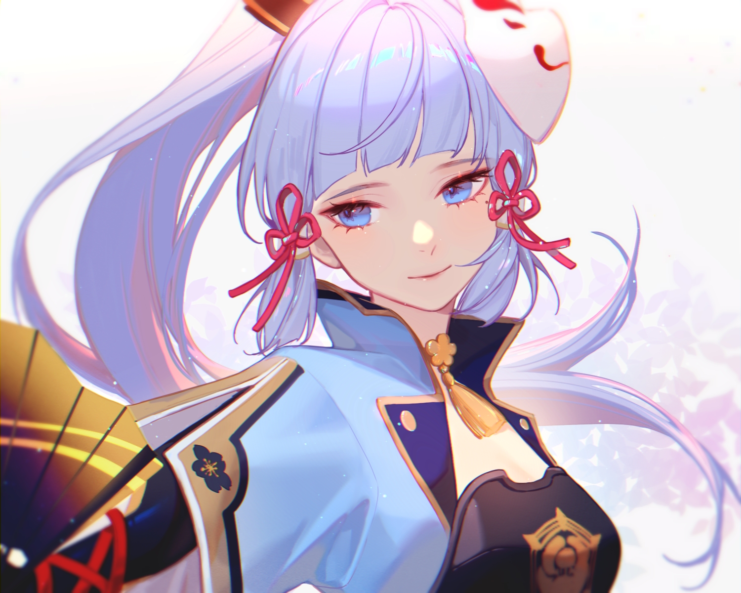 aqua_eyes, armor, blue_hair, close, fan, genshin_impact, japanese_clothes, jesse_(pixiv34586727), kamisato_ayaka, long_hair, mask, ponytail, samurai