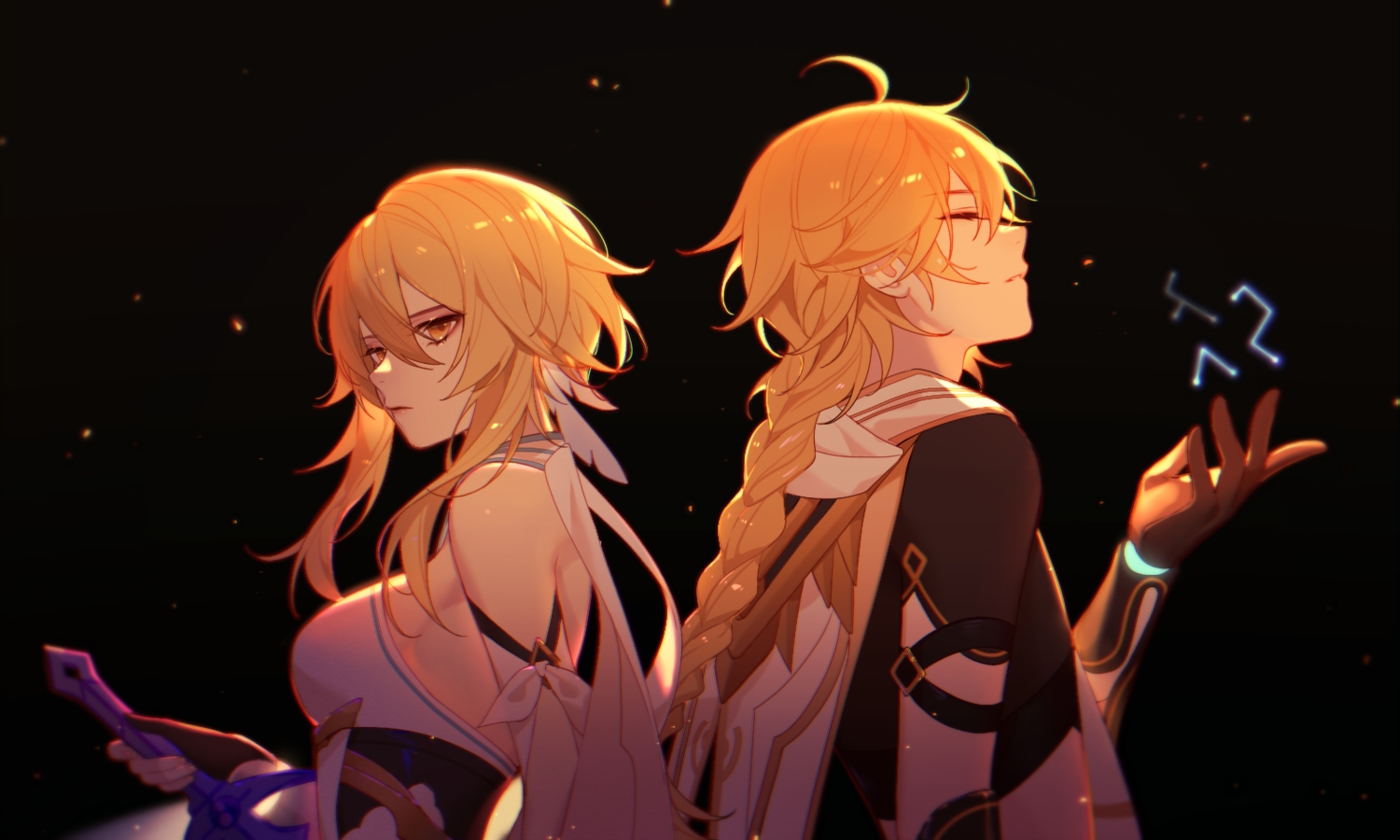 aether_(genshin_impact), black, blonde_hair, braids, cape, elbow_gloves, feathers, genshin_impact