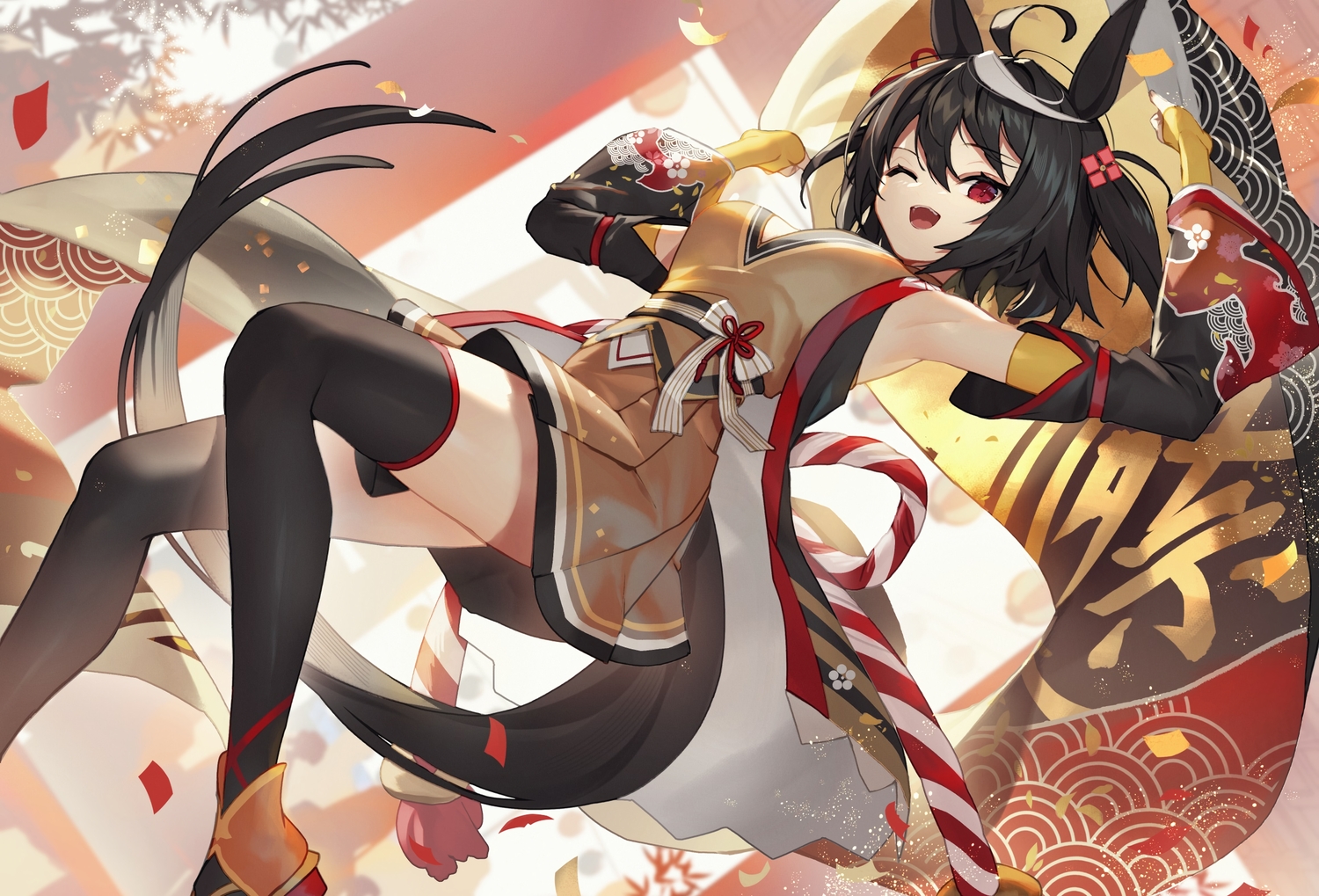animal_ears, anthropomorphism, black_hair, gloves, japanese_clothes, kitasan_black_(umamusume), red_eyes, rope
