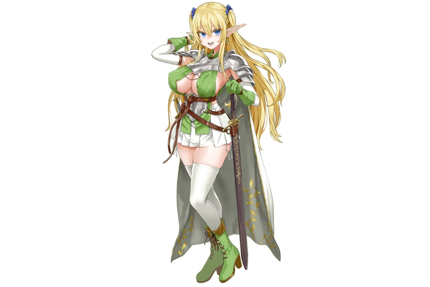 armor, asanagi, blonde_hair, blue_eyes, boots, breasts, cape, cleavage