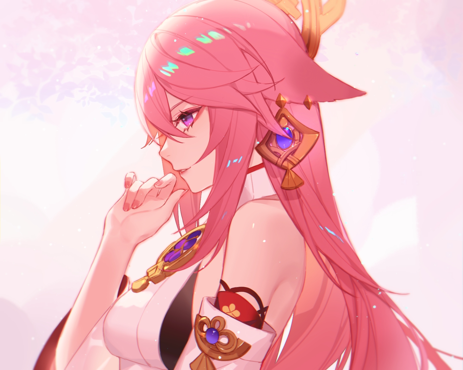 animal_ears, close, foxgirl, genshin_impact, headdress, japanese_clothes, jesse_(pixiv34586727), long_hair, pink_hair, purple_eyes, yae_miko