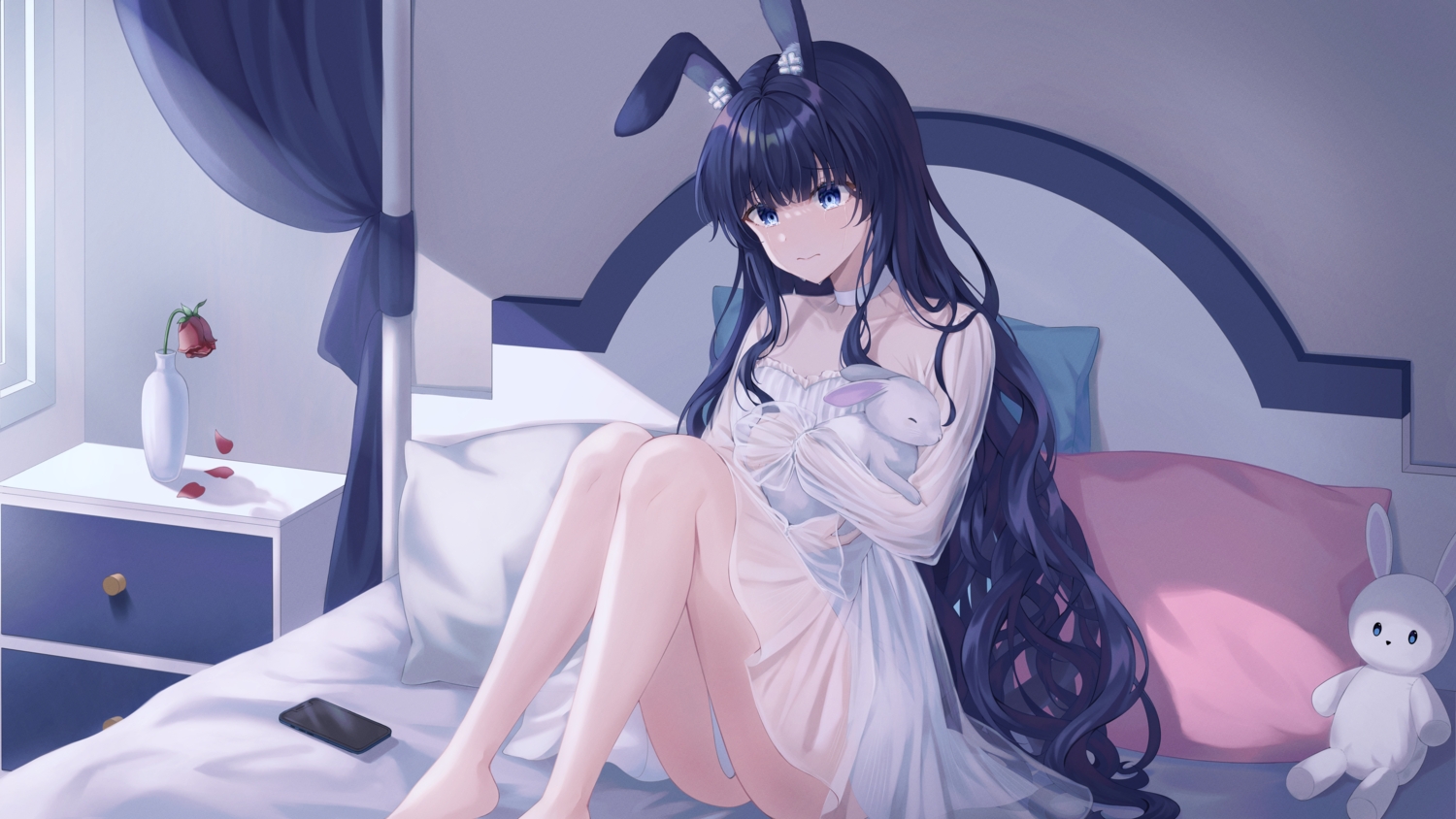 animal, animal_ears, bed, black_hair, blue_eyes, bunny, bunny_ears, bunnygirl, crying, dress, flowers, long_hair, petals, phone, rabbit, rose, sarin_(seoling), see_through, tears