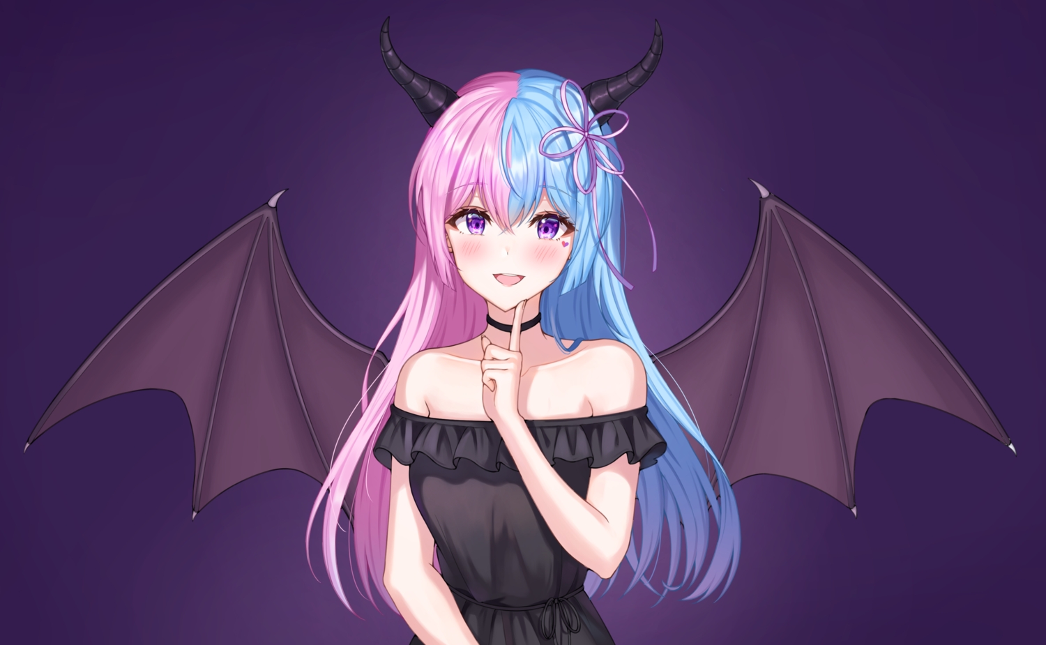 blush, demon, gradient, horns, long_hair, original, purple, purple_eyes, sarin_(seoling), wings