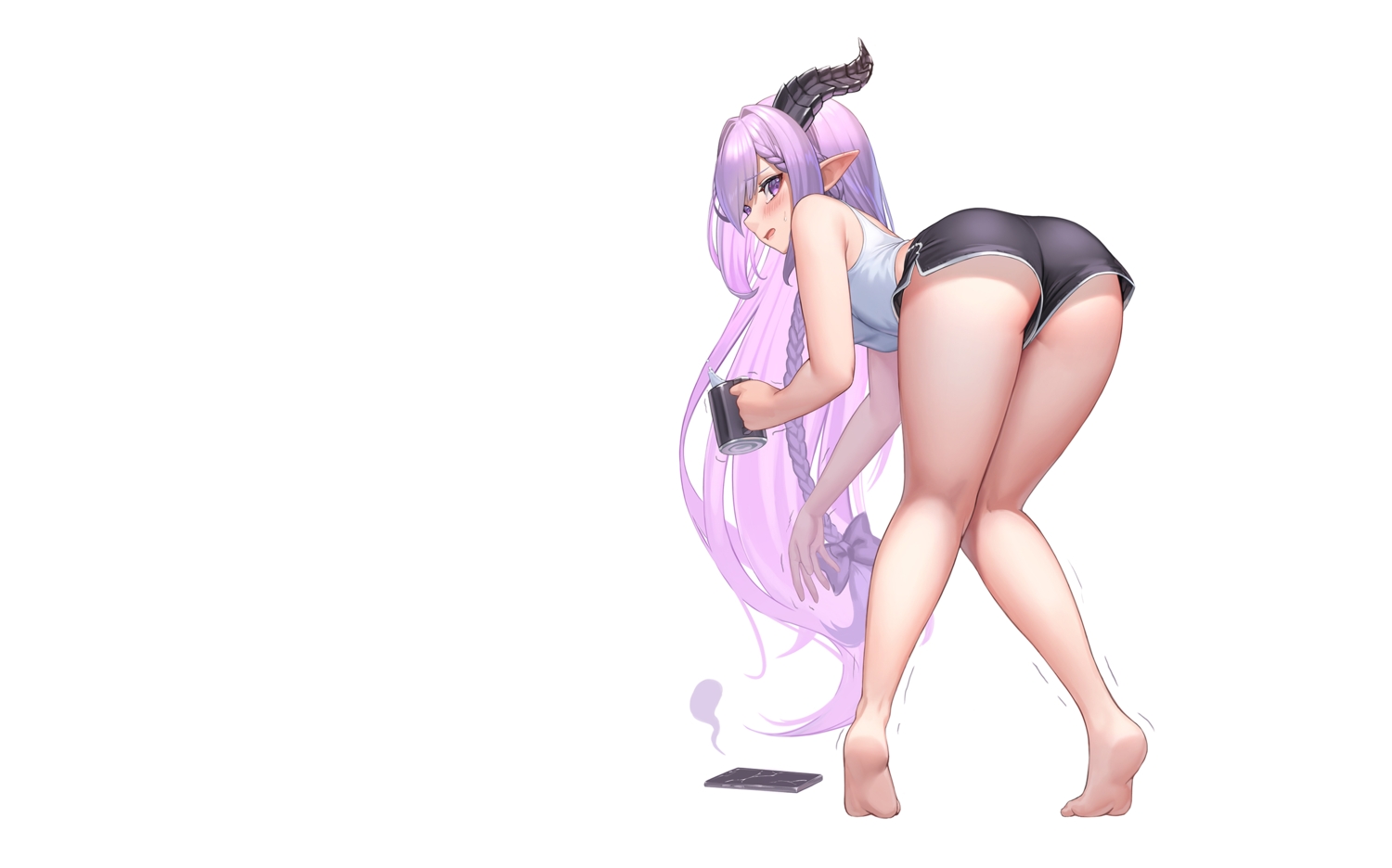 ass, barefoot, blush, bow, braids, drink, horns, long_hair