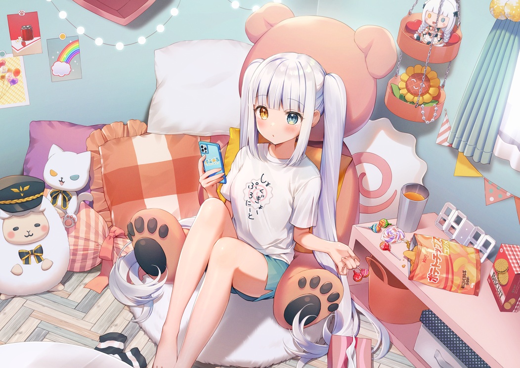 aliasing, barefoot, bed, bicolored_eyes, blush, candy, doll, drink