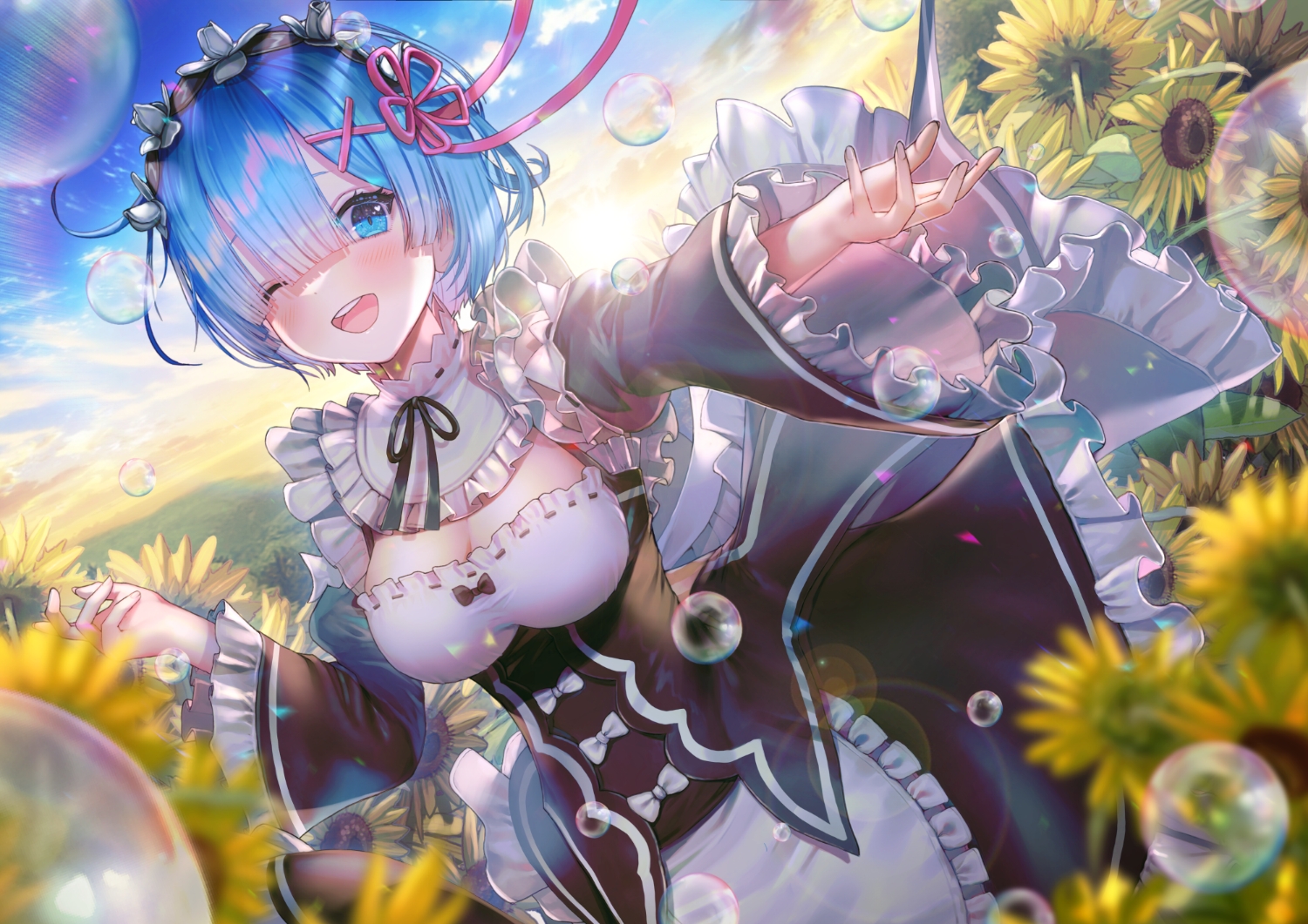 aqua_eyes, aqua_hair, blush, bubbles, clouds, flowers, hanato_(seonoaiko), headband