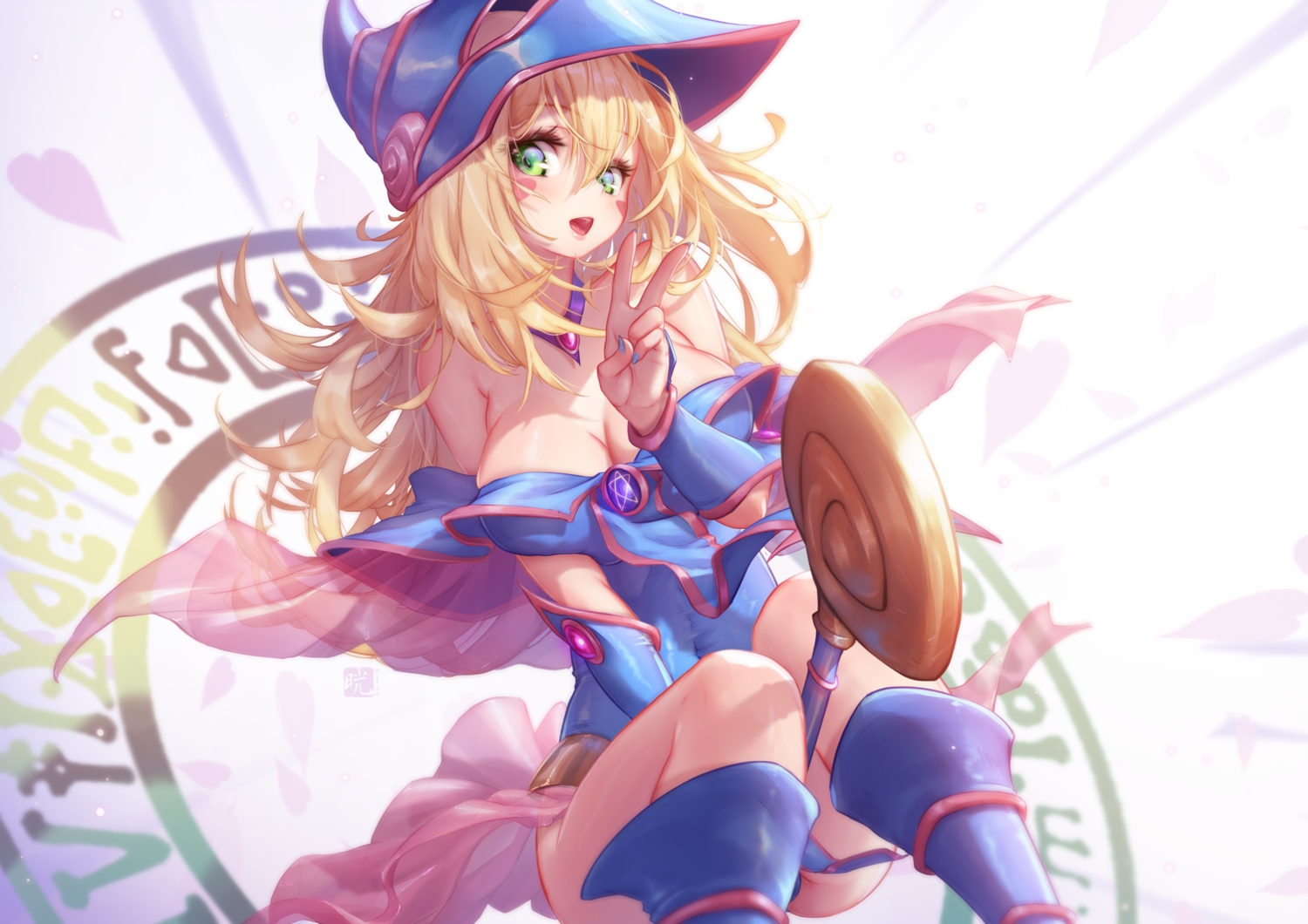 blonde_hair, blush, dark_magician_girl, green_eyes, long_hair, magic, mitsu_(mitsu_art), watermark, witch, yu-gi-oh