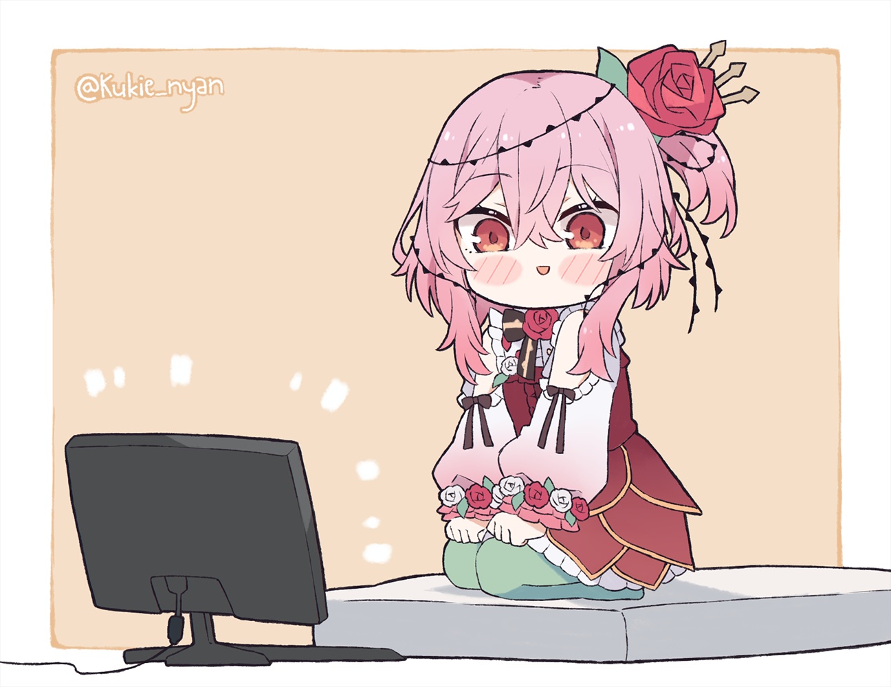 bed, blush, bow, chibi, computer, flowers, kukie-nyan, lolita_fashion