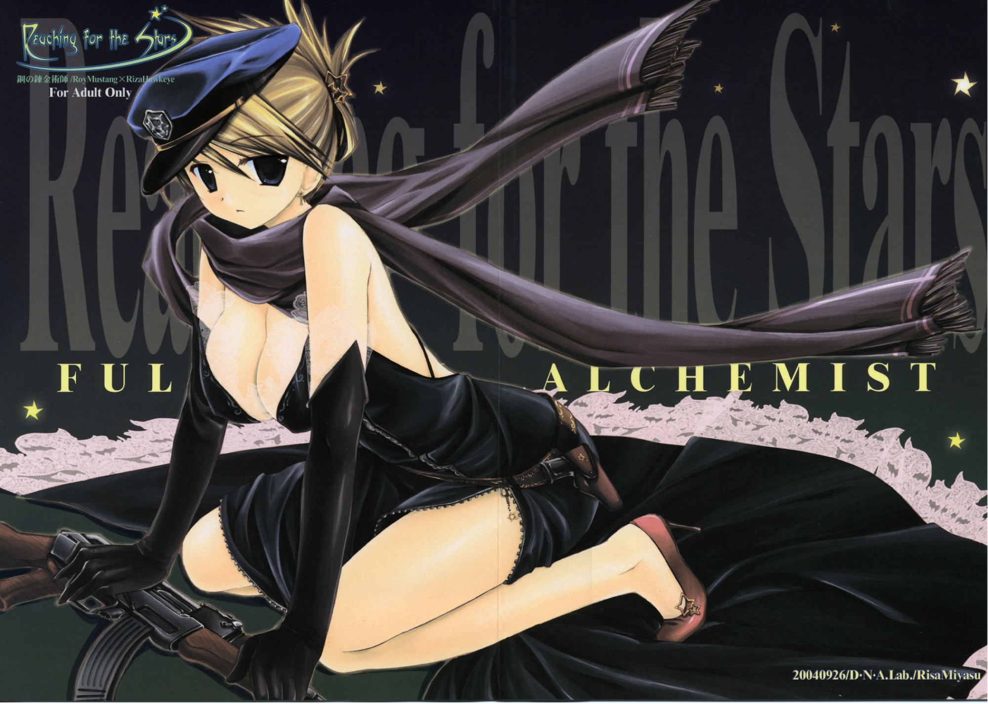 blonde_hair, breasts, cleavage, dress, fullmetal_alchemist, gun, miyasu_risa, riza_hawkeye, scarf, short_hair, weapon