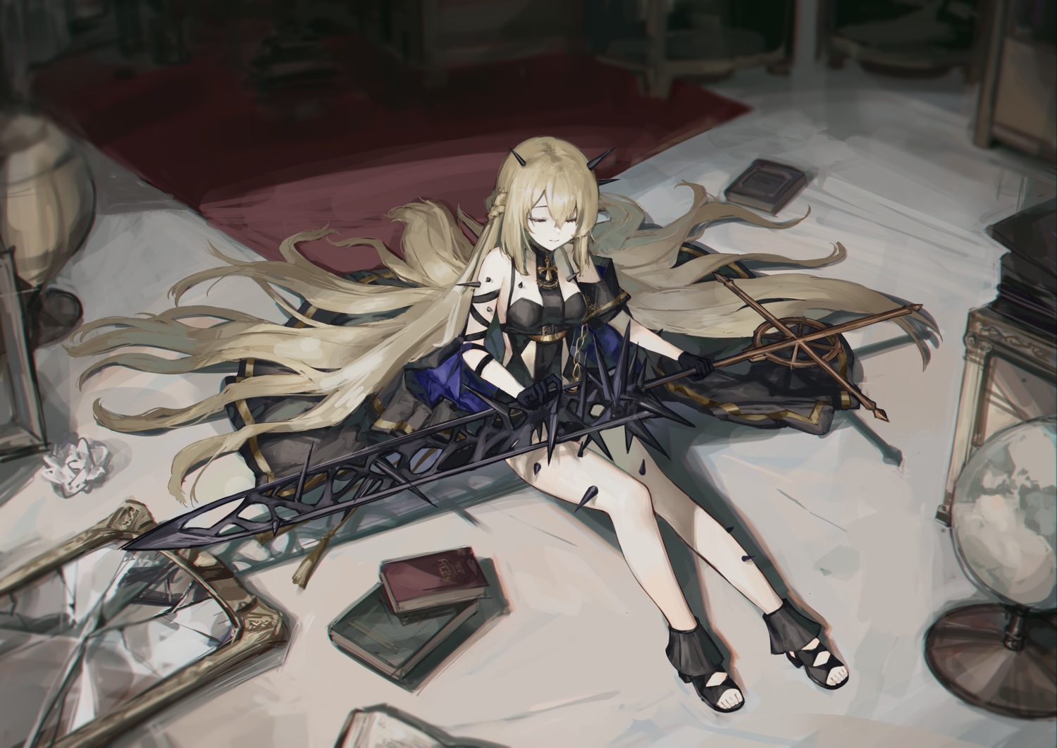 alchemy_stars, areia_(alchemy_stars), blonde_hair, book, braids, cross, dark, gloves, horns, long_hair, mirror, nashidrop, sketch, sword, weapon