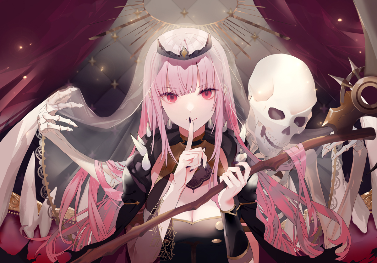 bones, breasts, cape, cleavage, headdress, hololive, long_hair, mori_calliope
