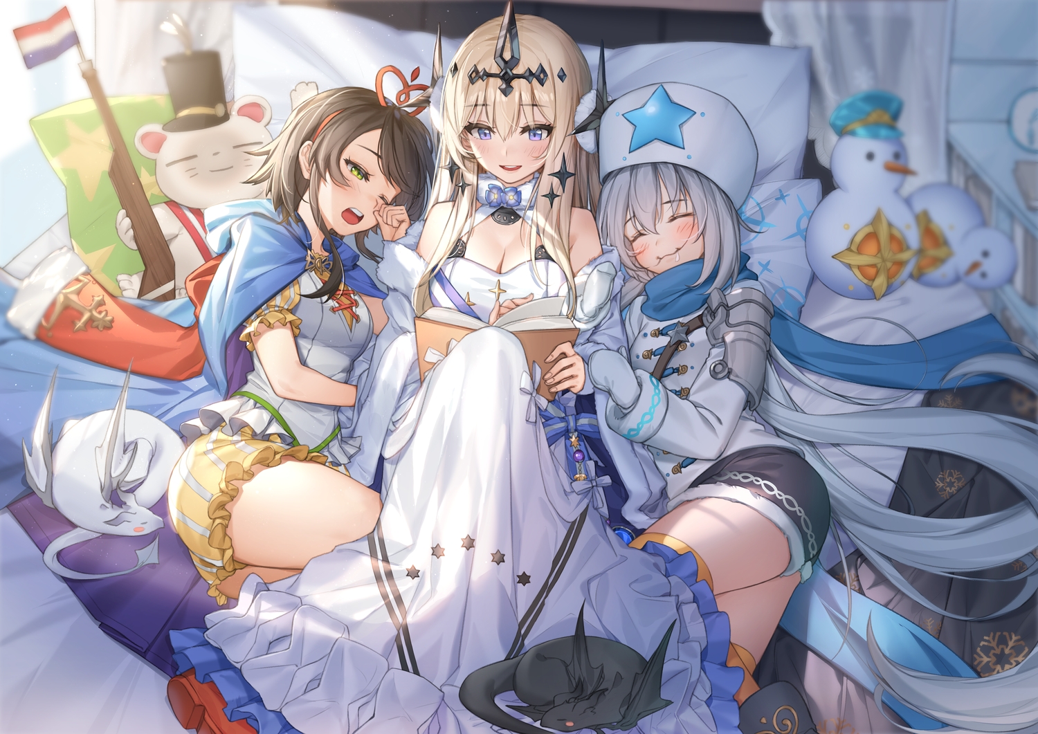 alchemy_stars, bed, bethlehem_(alchemy_stars), blonde_hair, blush, brown_hair, cape, cat_smile, dress, gloves, gray_hair, hat, headband, long_hair, louise_(alchemy_stars), noah_(alchemy_stars), piyo_(pixiv_2308057), purple_eyes, short_hair, shorts, sleeping, wink