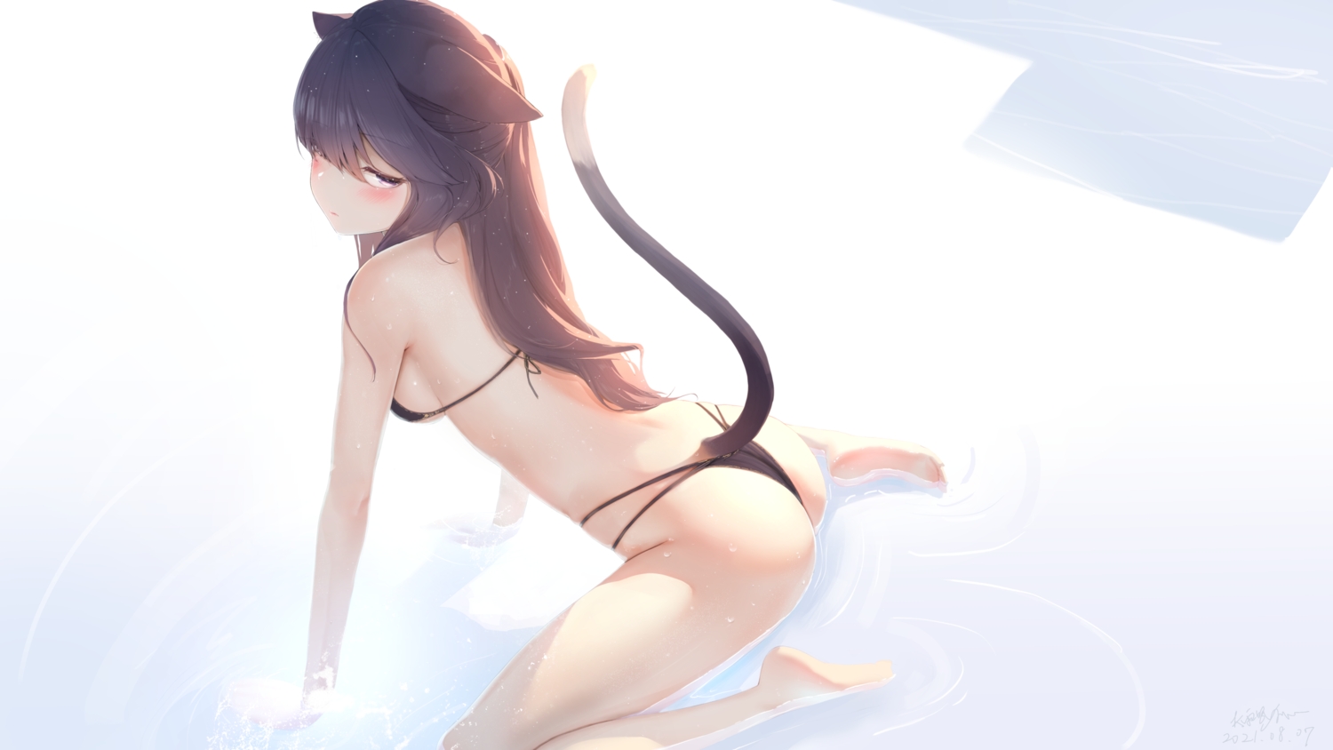 animal_ears, ass, barefoot, bikini, brown_hair, catgirl, futoshi_ame, long_hair