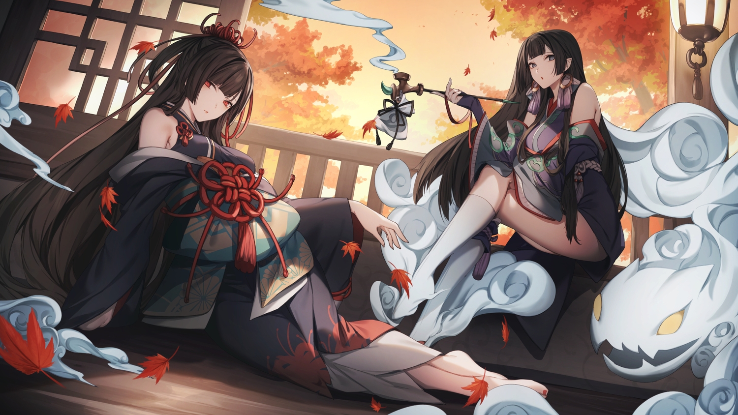 2girls, aliasing, autumn, brown_hair, genyaky, japanese_clothes, kneehighs, leaves, long_hair, onmyouji, pointed_ears, red_eyes, smoking, tagme_(character), tree