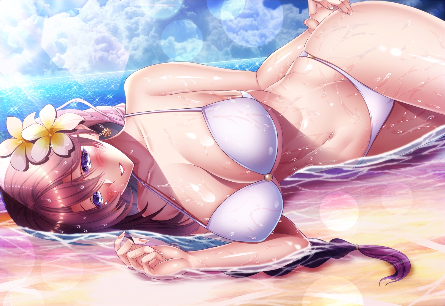 beach, bikini, braids, brown_hair, clouds, emma_millstein, long_hair, navel