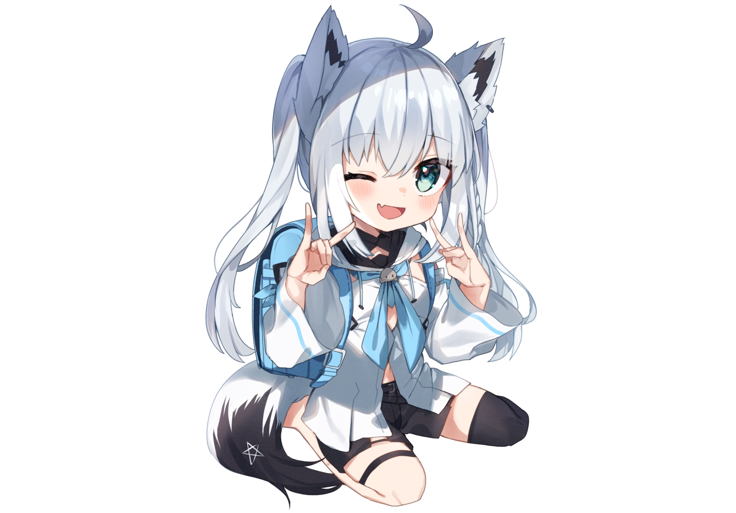 animal_ears, aqua_eyes, blush, braids, fang, foxgirl, garter, gray_hair