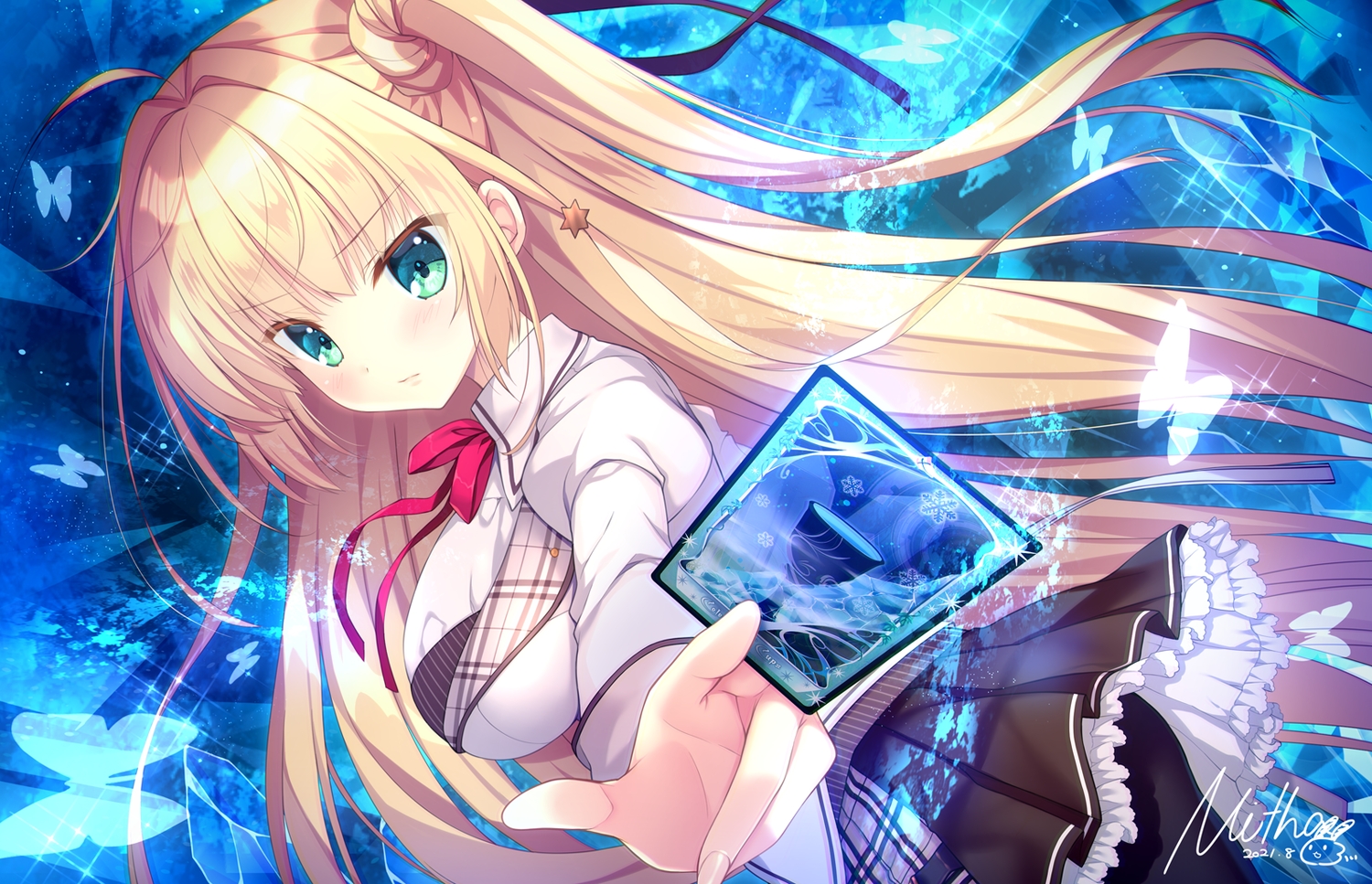 alia's_carnival, blonde_hair, blush, bow, butterfly, green_eyes, long_hair, mitha