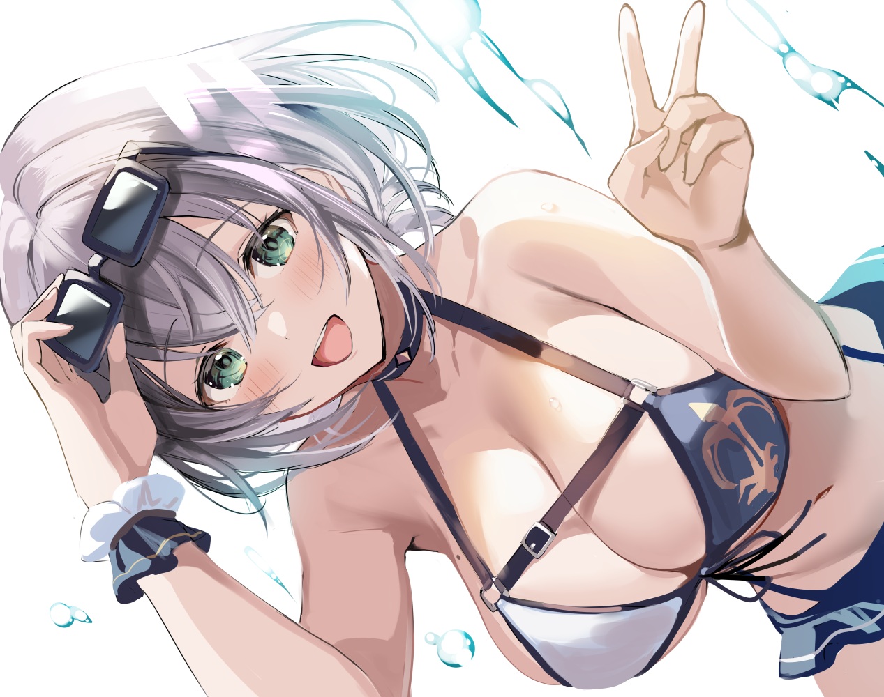 akamoku, bikini, blush, breasts, choker, cleavage, gray_hair, green_eyes