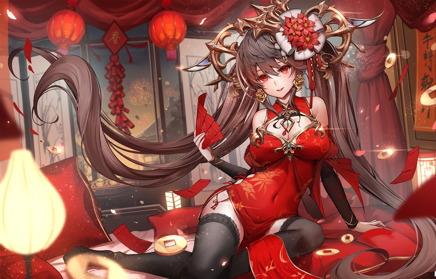 black_0_0p, breasts, brown_hair, building, chinese_clothes, chinese_dress, cleavage, dress, fireworks, headdress, long_hair, orange_eyes, original, red_eyes, sky, tagme_(artist), thighhighs, twintails