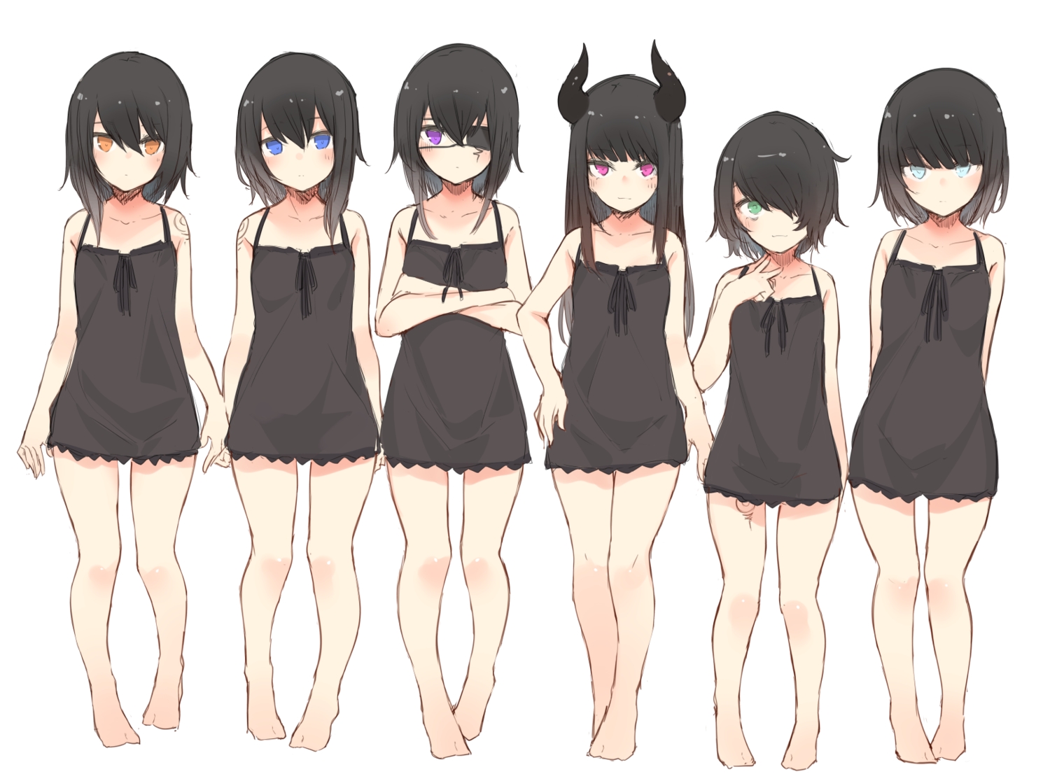 aliasing, barefoot, black_hair, blue_eyes, eyepatch, flat_chest, green_eyes, group