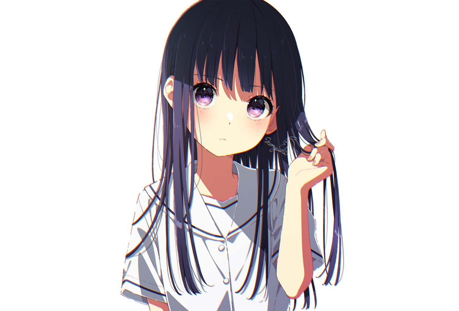 black_hair, blush, close, long_hair, mamyouda, original, polychromatic, purple_eyes, school_uniform, signed