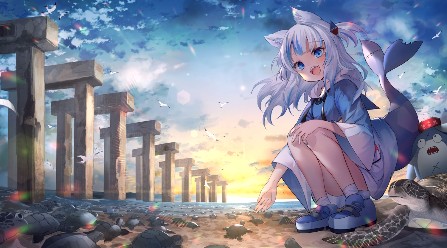 animal, animal_ears, beach, bird, blue_eyes, clouds, fang, fuyouchu