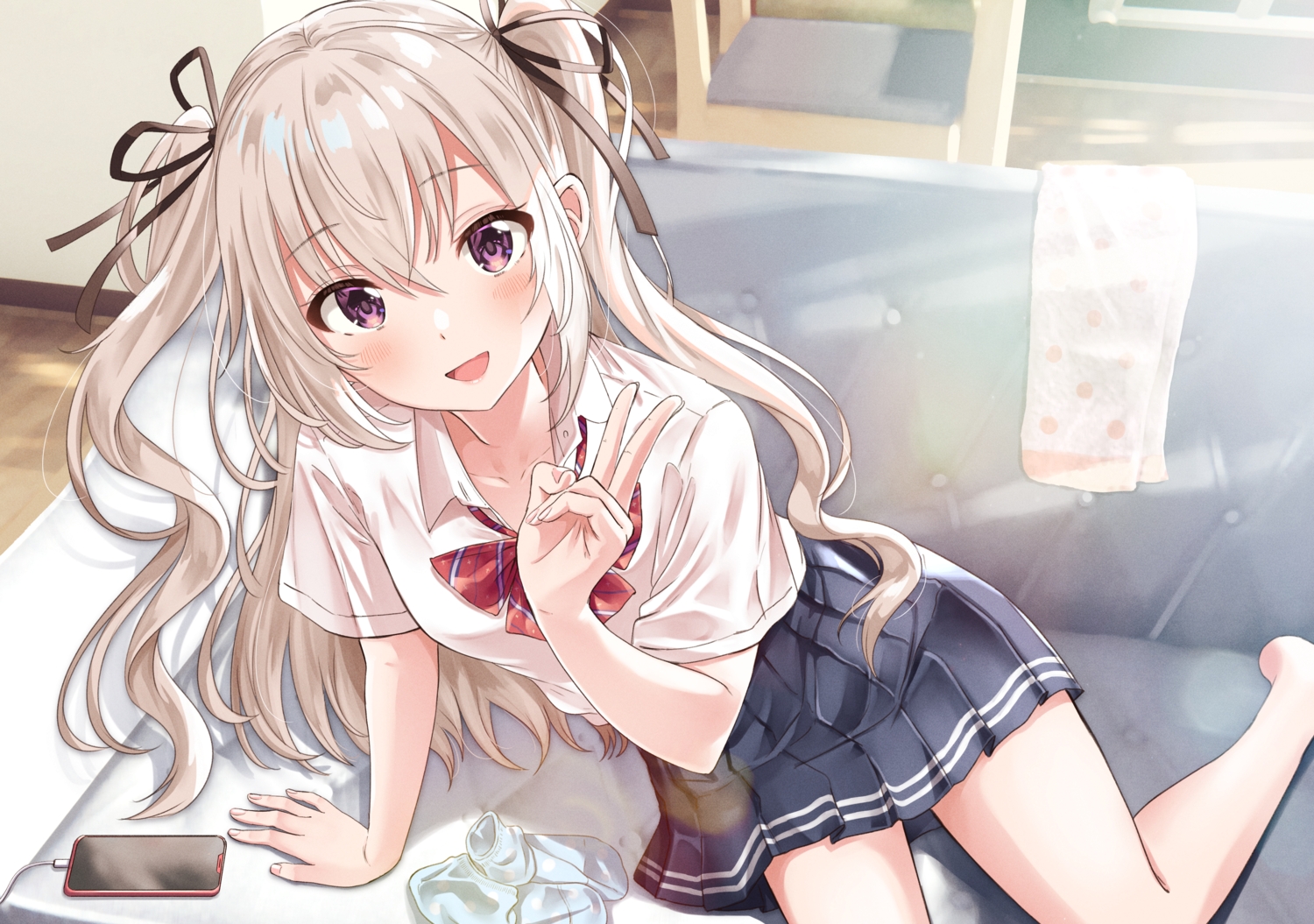 blush, brown_hair, couch, long_hair, original, phone, purple_eyes, school_uniform, shiokazunoko, skirt, twintails
