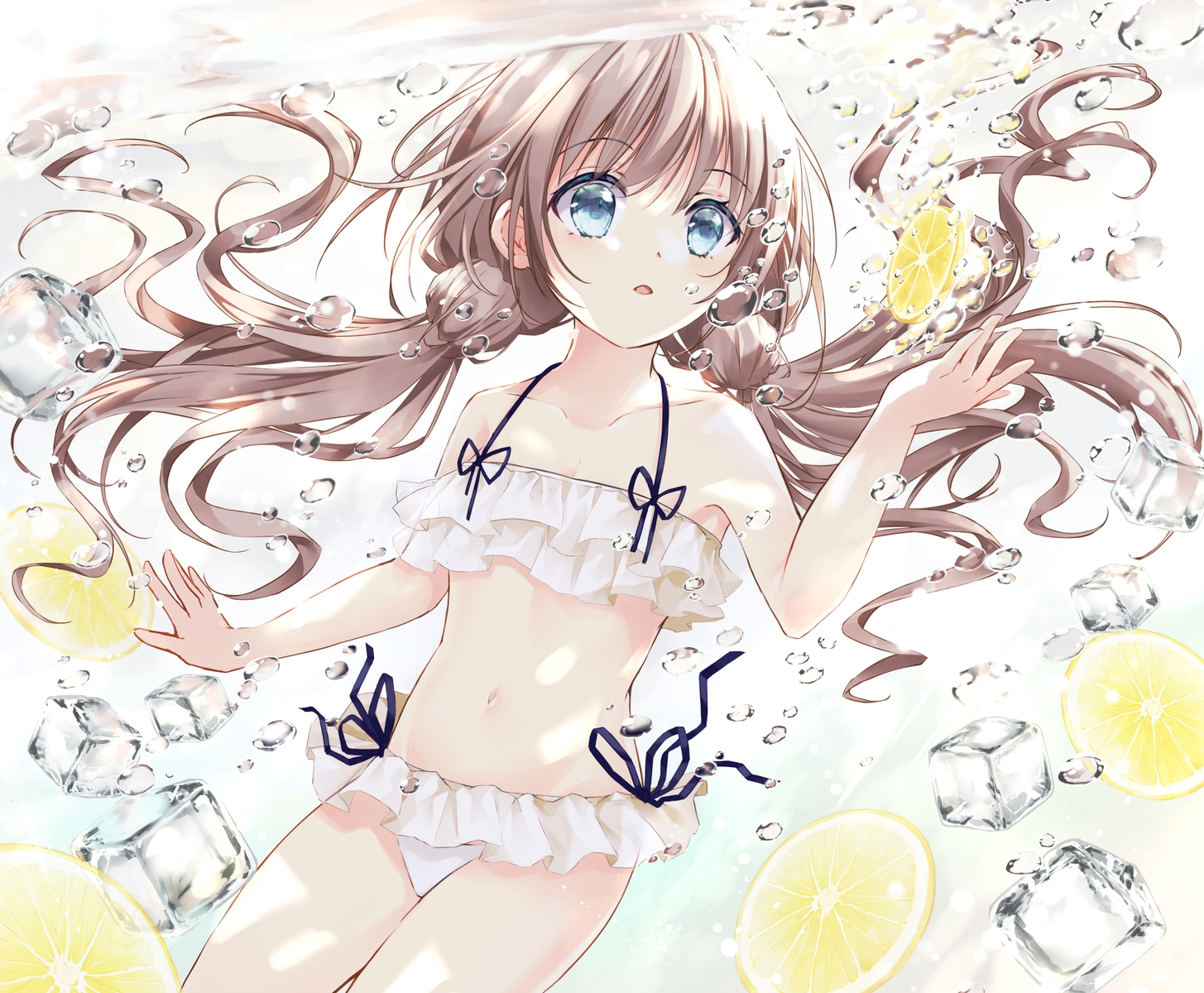 bikini, brown_hair, bubbles, food, fruit, long_hair, maya_(tirolpop), navel, original, swimsuit, twintails, underwater, water
