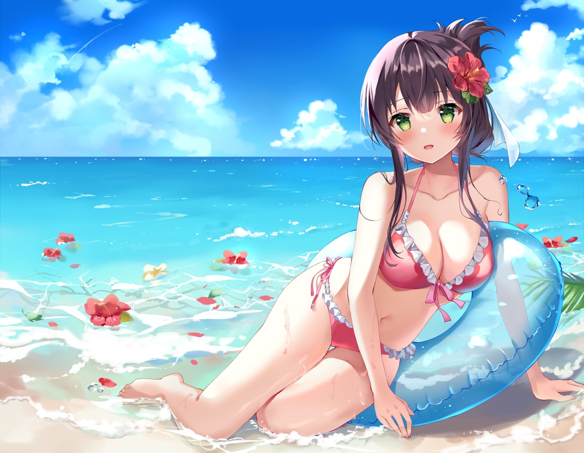 aliasing, beach, bikini, blush, breasts, cleavage, clouds, flowers, green_eyes, mayo_(miyusa), navel, sky, swim_ring, swimsuit, toji_no_miko, water, yanase_mai