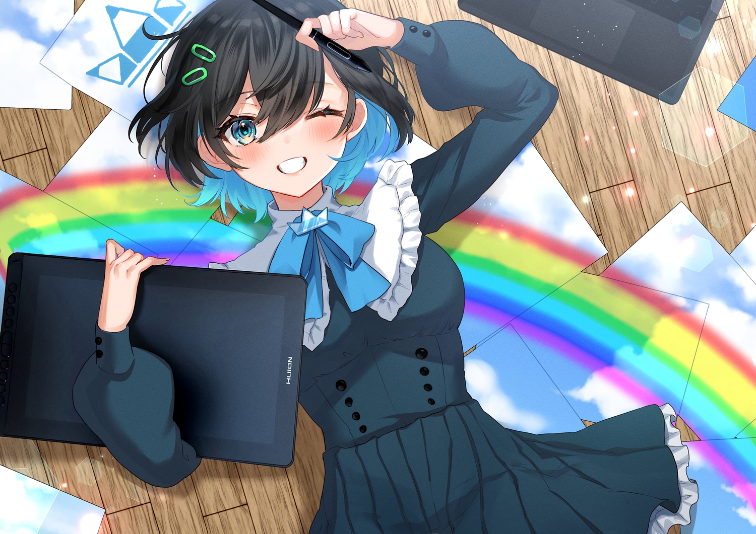 aqua_eyes, black_hair, blush, bow, computer, goth-loli, huion, kura_noi, logo, lolita_fashion, original, paper, rainbow, short_hair, wink