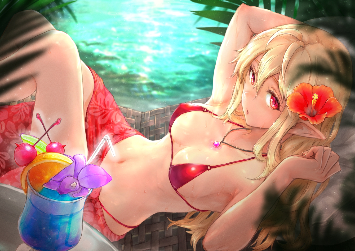 blonde_hair, drink, flowers, long_hair, navel, necklace, original, pointed_ears