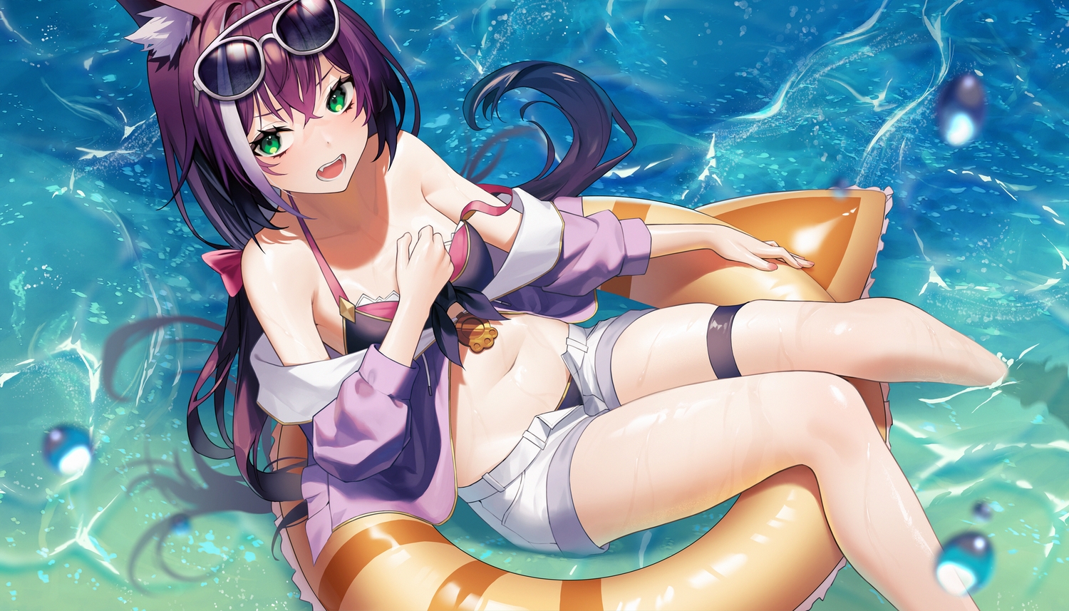 animal_ears, aya_(lezon), bikini, blush, catgirl, fang, green_eyes, karyl