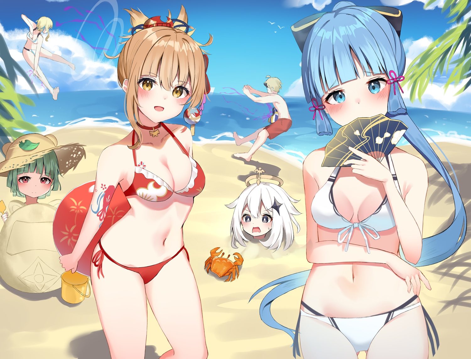aether_(genshin_impact), animal, ball, beach, bikini, brown_eyes, brown_hair, clouds