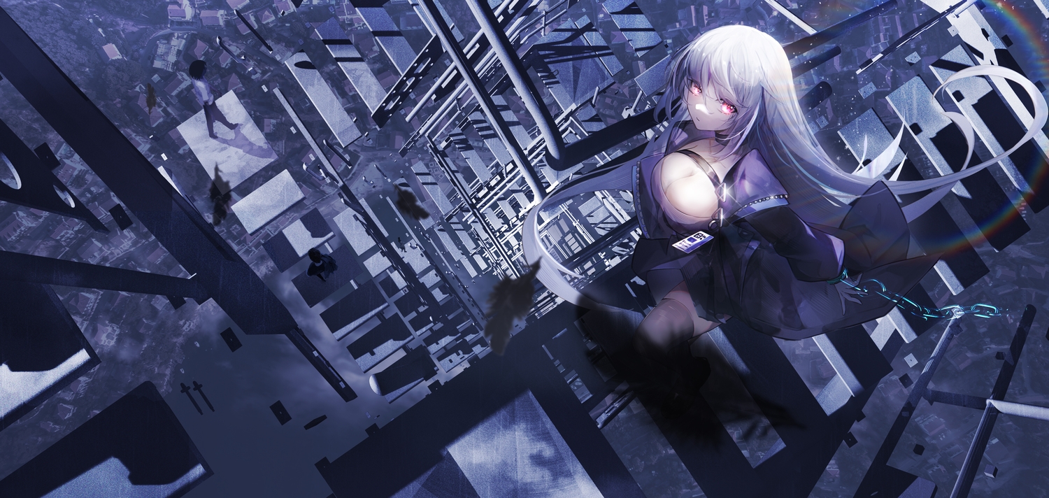 breasts, building, chain, choker, city, cleavage, feathers, lifeline, long_hair, original, polychromatic, rainbow, red_eyes, stairs, thighhighs, white_hair