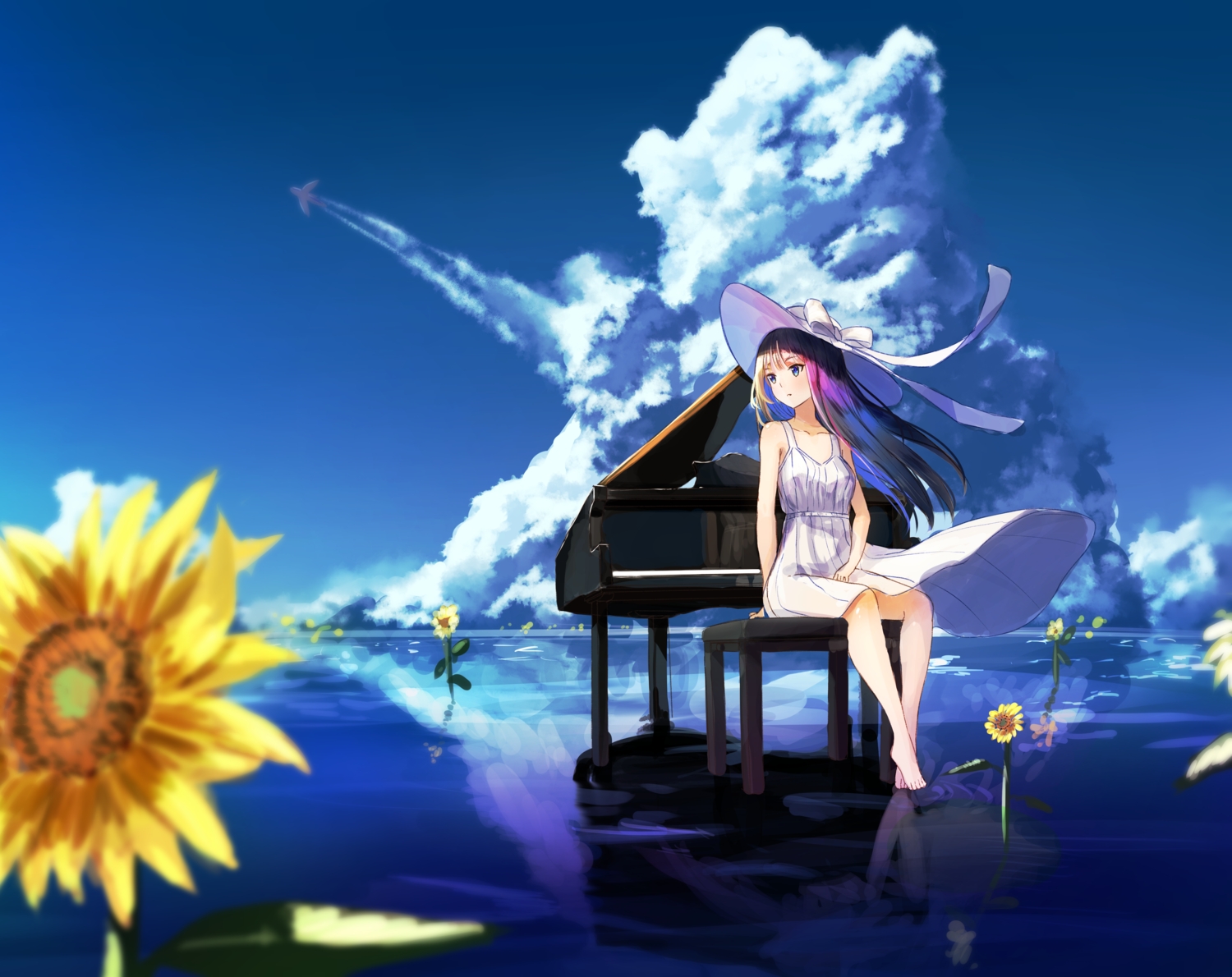 barefoot, brown_hair, dress, flowers, hat, instrument, long_hair, original
