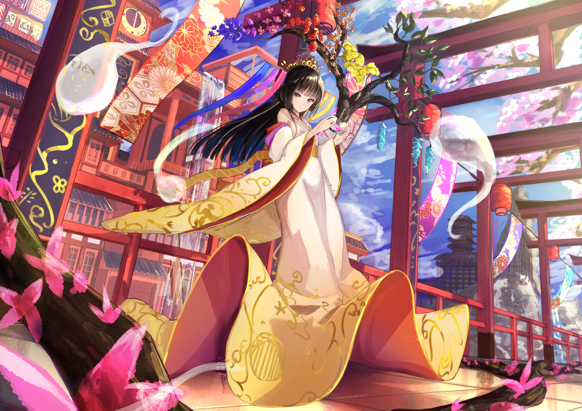 aliasing, brown_hair, building, clouds, flowers, japanese_clothes, long_hair, original, rei_(farta_litia), sky, torii, tree
