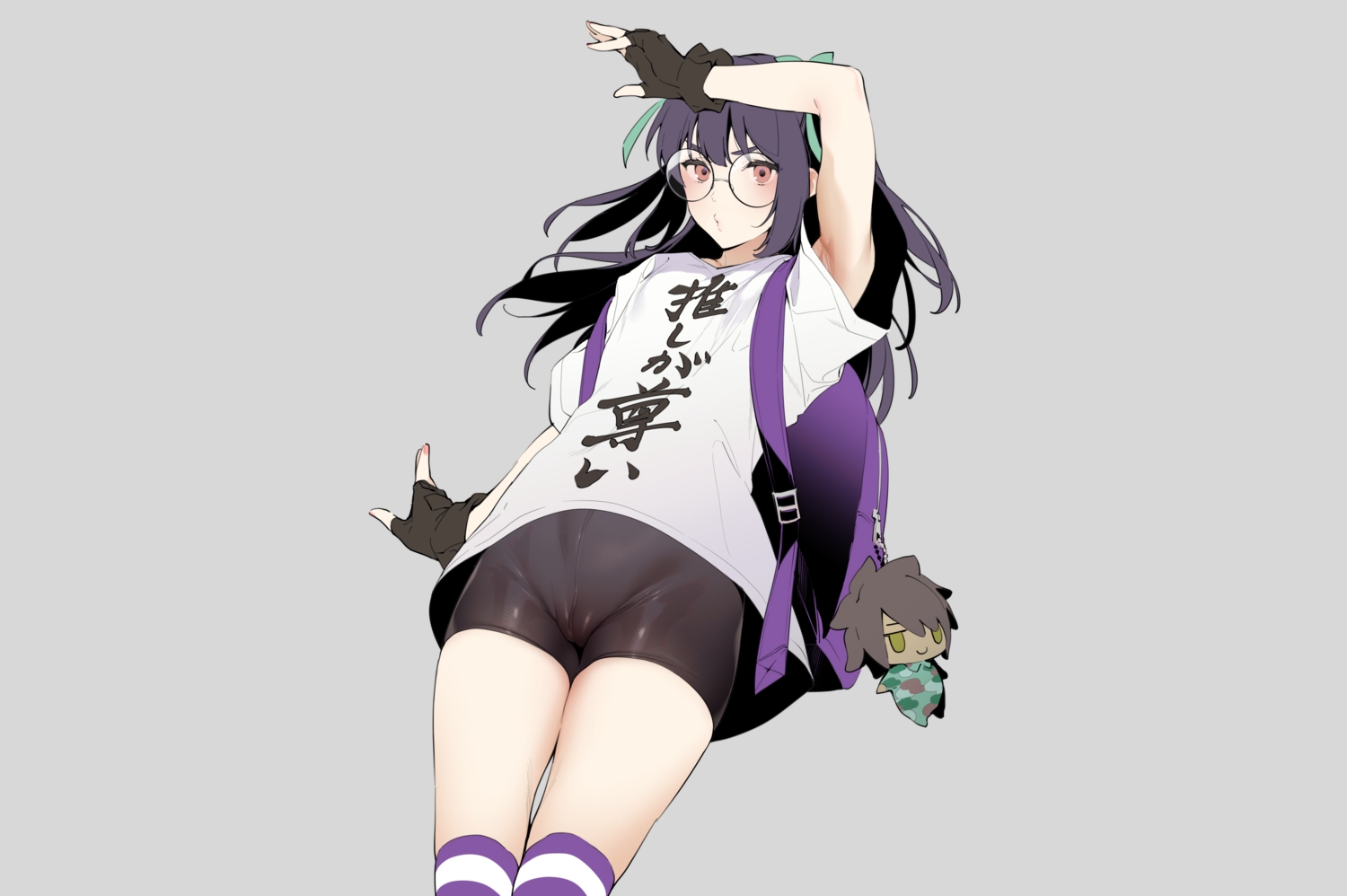 bike_shorts, bow, cameltoe, glasses, gloves, gray, hizuki_akira, long_hair