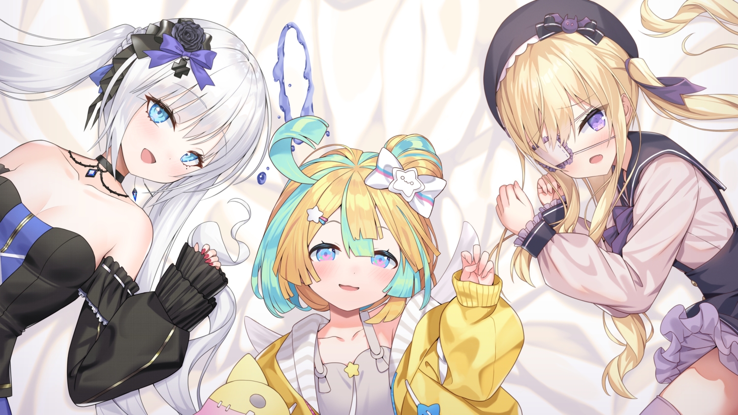 amakawa_hano, aqua_eyes, bettle_(b_s_a_n), blonde_hair, blush, bow, braids, breasts, cat_smile, choker, cleavage, dress, eyepatch, fang, flat_chest, goth-loli, halo, hat, hood, lolita_fashion, long_hair, pink_eyes, purple_eyes, re:act, school_uniform, shirane_yuki, short_hair, thighhighs, tsukushi_aria, twintails, white_hair