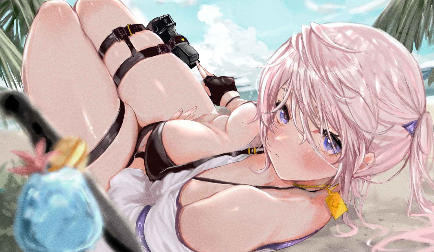bikini, drink, garter, gun, long_hair, maria_(syake-uni), ponytail, swimsuit, weapon