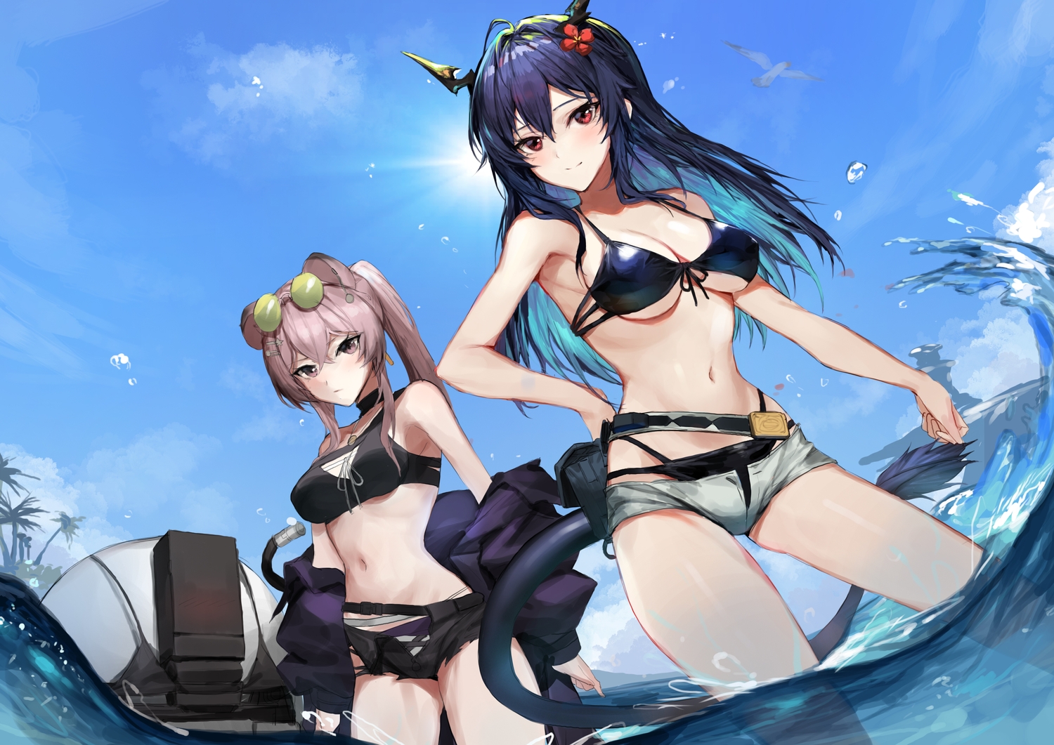 2girls, animal_ears, arknights, bikini, blue_hair, brown_eyes, brown_hair, ch'en_(arknights), clouds, horns, lin_(arknights), long_hair, molyb, mousegirl, navel, ponytail, red_eyes, sketch, sky, sunglasses, swimsuit, tail, tree, water