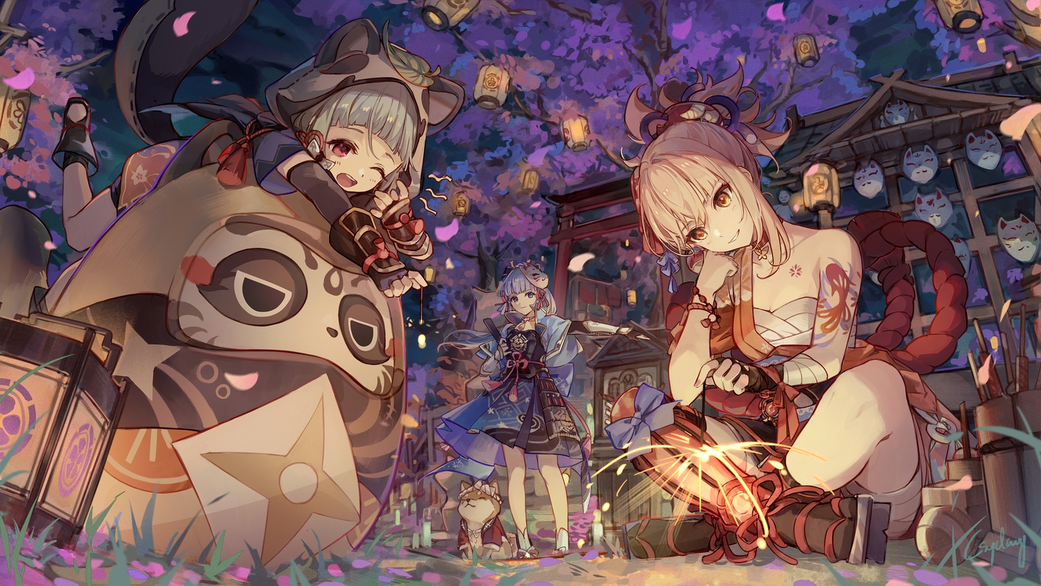 animal, animal_ears, armor, bandage, brown_hair, building, cherry_blossoms, csyday, dog, flowers, genshin_impact, grass, gray_hair, hood, kamisato_ayaka, loli, long_hair, ninja, ponytail, samurai, sarashi, sayu_(genshin_impact), tail, tree, underwear, wink, yoimiya_(genshin_impact)