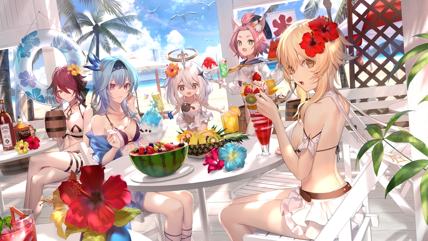 animal, animal_ears, apple, beach, bikini, bird, blonde_hair, blue_hair, brown_eyes, cherry, clouds, diona_(genshin_impact), drink, eula_lawrence, flowers, food, fruit, genshin_impact, group, halo, headband, ice_cream, loli, lumine_(genshin_impact), mashima_saki_(mashimasa), orange_(fruit), paimon_(genshin_impact), pink_hair, popsicle, purple_hair, rosaria_(genshin_impact), school_uniform, short_hair, skirt, sky, strawberry, swim_ring, swimsuit, tree, water, watermelon, white_hair