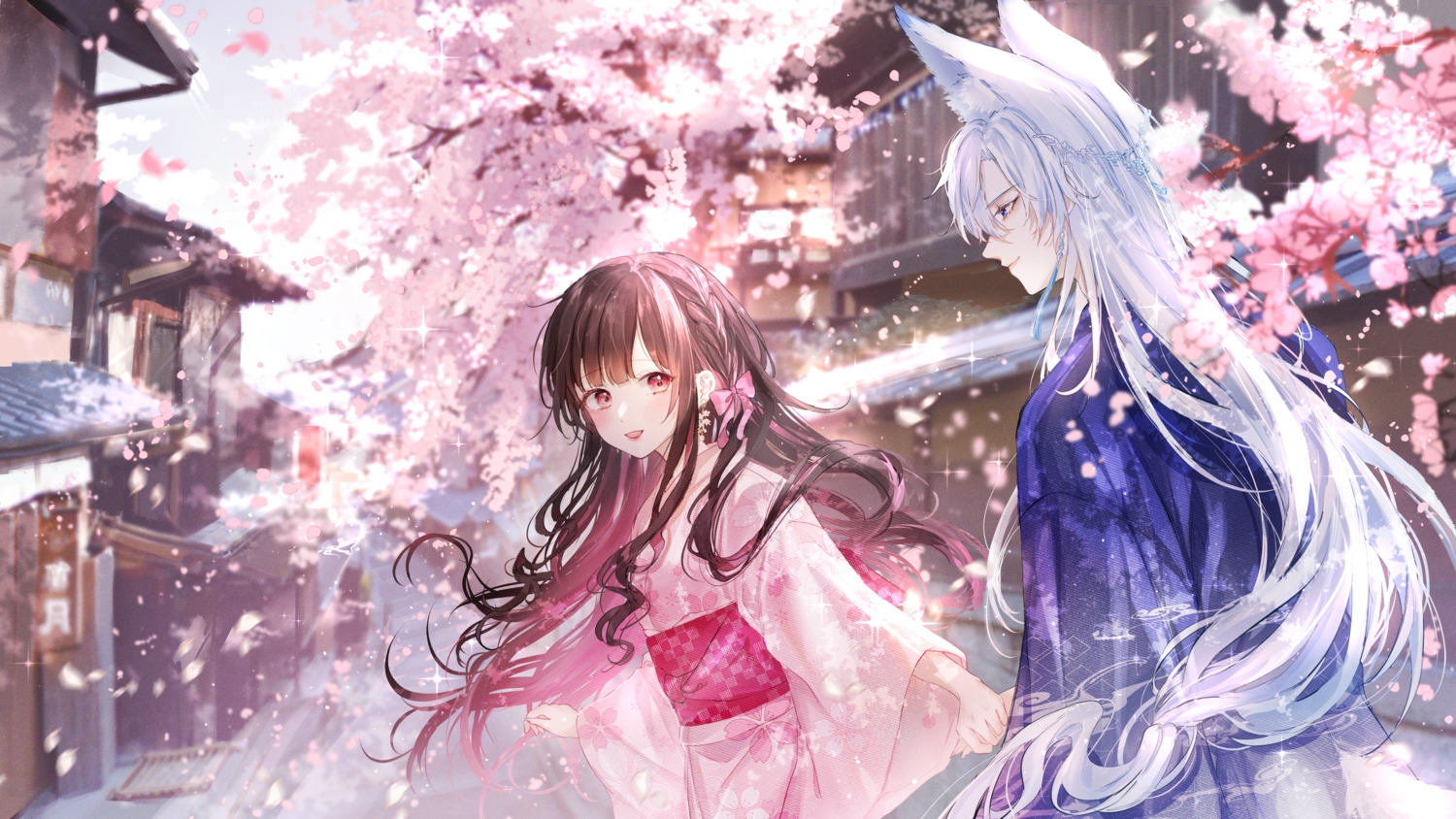 animal_ears, brown_hair, building, cherry_blossoms, flowers, japanese_clothes, kimono, kity1211_tetsu