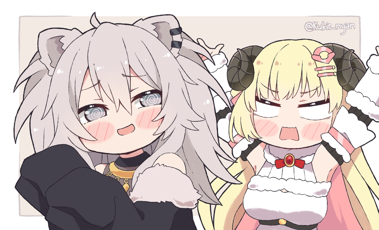 2girls, animal_ears, blonde_hair, blush, catgirl, close, gray_eyes, gray_hair